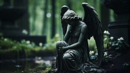 Image featuring a background with space for a caption, incorporating a portion of a melancholy angel statue situated in a cemetery. Ideal for funeral ceremony themes.

Generative AI