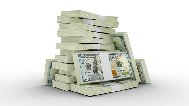 3d rendering of Stacks of 100 US dollar notes. bundles of United states currency notes isolated on transparent background