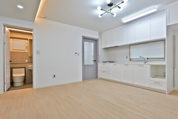 One room with a view of the bathroom, living room, and kitchen