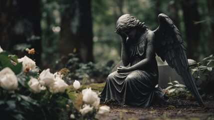 Image featuring a background with space for a caption, incorporating a portion of a melancholy angel statue situated in a cemetery. Ideal for funeral ceremony themes.Generative AI