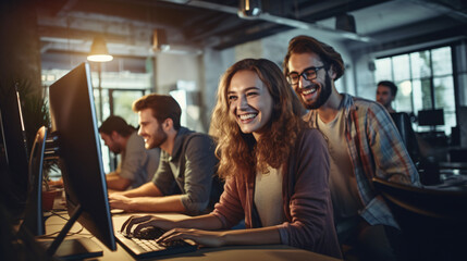 Happy group of software developers and students collaborating as a team in a modern office setting with background elements.

Generative AI