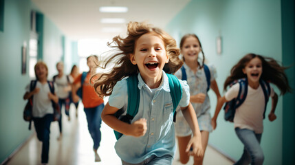 Obraz premium Joyful diverse school children sprinting down the hallway at school. Back to school concept with a modern background.Generative AI