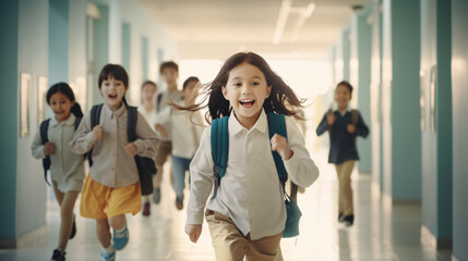 Joyful diverse school children sprinting down the hallway at school. Back to school concept with a modern background.

Generative AI