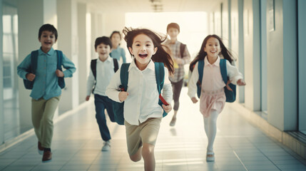Fototapeta na wymiar Joyful diverse school children sprinting down the hallway at school. Back to school concept with a modern background.Generative AI