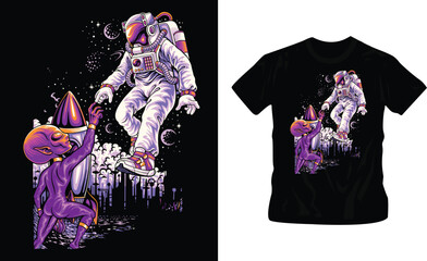 astronauts connect with aliens illustration vector t-shirt design editable template