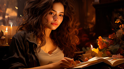 young woman reading book in the evening.
