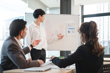 Presenting business plans of young businessmen to colleagues and exchanging ideas within the organization.