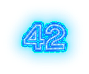 Blue neon alphabet letters, numbers, and signs on a transparent background
