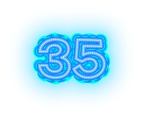 Blue neon alphabet letters, numbers, and signs on a transparent background