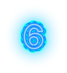 Blue neon alphabet letters, numbers, and signs on a transparent background