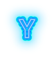 Blue neon alphabet letters, numbers, and signs on a transparent background