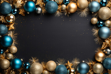 Christmas frame of golden and blue Christmas decorations on  chalk board , AI generated