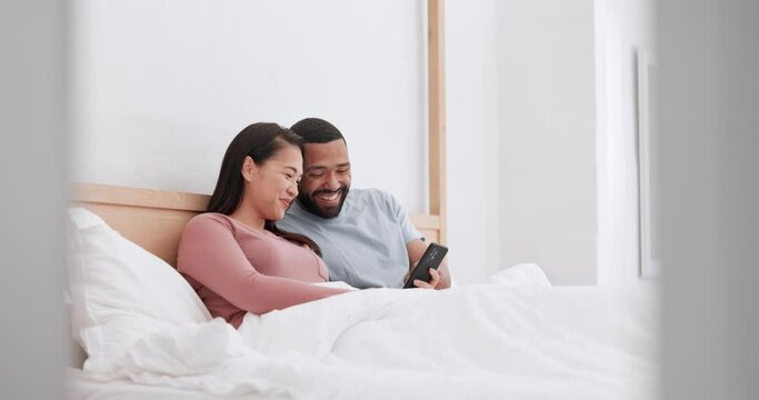 Home bed, cellphone and happy couple laugh at funny blog story, social network meme or online comic article. Smartphone, morning bedroom or relax man, woman or marriage people smile for comedy video