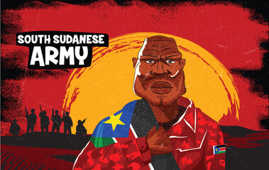 Embrace the essence of bravery and patriotism! Witness the power of an South Sudan soldier with the national flag.