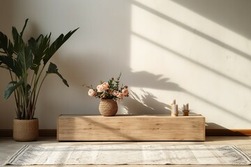 The interior of the living room is clean and simple with soft prom. Ornamental pots and vases of flowers with sunlight give a natural atmosphere.