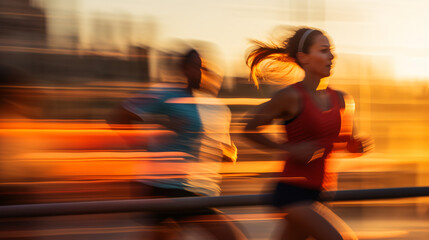 A pair of adults captured in a close-up shot during their morning run, with motion blur in the background. Generative AI.