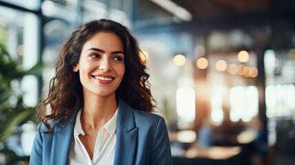 Happy, successful businesswoman appearing confident and smiling. Close-up photo of businesswoman viewing a tablet device indoors. Generative AI