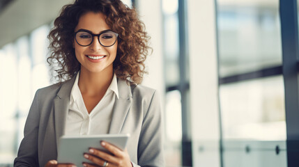 Happy, successful businesswoman appearing confident and smiling. Close-up photo of businesswoman viewing a tablet device indoors. Generative AI