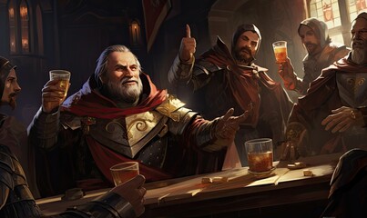 Laughter and merriment fill the air as people gather to drink in the medieval tavern. - obrazy, fototapety, plakaty