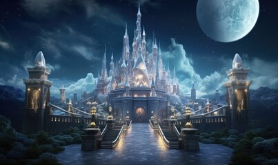 As darkness falls, the fantasy castle comes alive with a mesmerizing display of glittering lights.