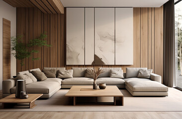 large living room featuring wooden paneling. soft sofa. created by generative AI technology.