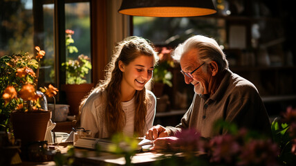 happy senior man with granddaughter sitting in wheelchair in restaurant.