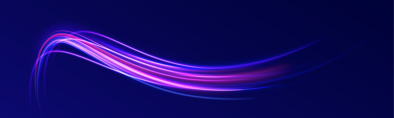 Neon light effect on a winding street. Speed light streaks vector background with blurred fast moving light effect, blue purple colors on black. 