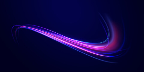Neon light effect on a winding street. Speed light streaks vector background with blurred fast moving light effect, blue purple colors on black. 