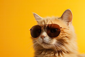 orange cat wearing sunglasses on a yellow background. created by generative AI technology.