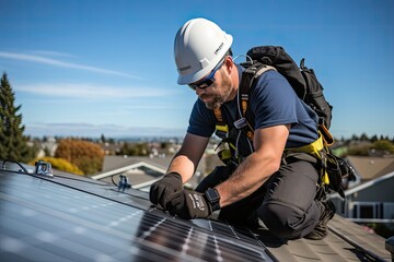 a technician installing solar panels on the roof of a home (Generative AI)