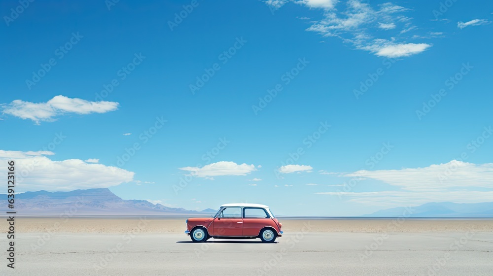 Canvas Prints  a small red car is parked in the middle of the desert.  generative ai