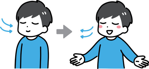 笑顔で深呼吸をしている私服の若い男性(上半身)