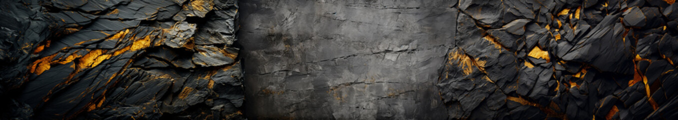 Obraz premium Halloween orange, black rock texture with gold veins and golden nuggets. Medieval dungeon Stone wall background for copy space vertical mobile web banner grunge backdrop.