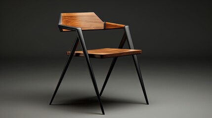  a chair with a wooden seat and black frame on a gray background.  generative ai