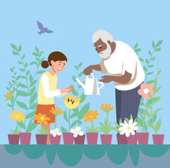 Grandfather with granddaughter, mixed-race family, tending the garden and plants