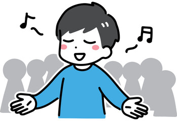 人前で笑顔で歌っている男性