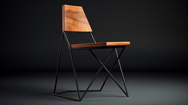  a chair with a wooden seat and metal frame on a dark background.  generative ai