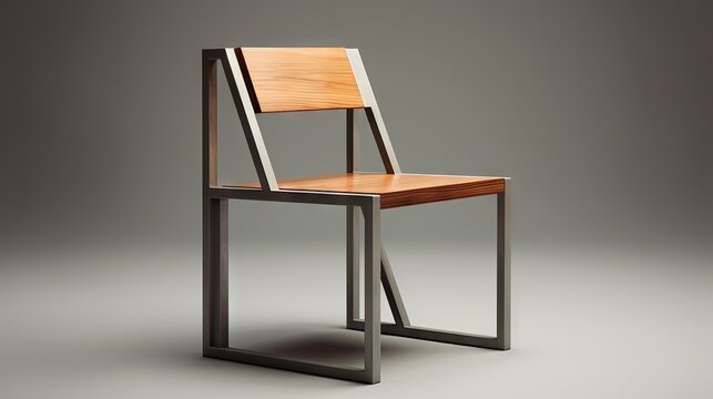  a chair with a wooden seat and metal frame on a gray background.  generative ai
