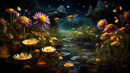  a painting of flowers and bees in a forest at night.  generative ai