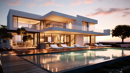 Fototapeta premium Exterior view of a modern cubic villa featuring a swimming pool, captured at sunset.Generative AI