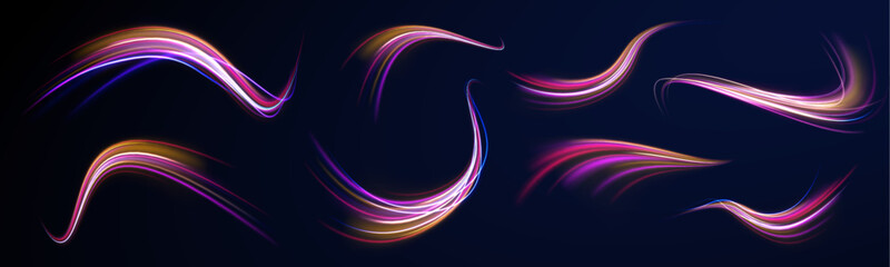 light road in the form of a swirl, neon color. Speed line with sports cars. Technology stream design illustration. 