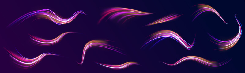  Curved bright speed line swirls. Neon color glowing lines background, high-speed light trails effect. Colored shiny sparks of spiral wave.