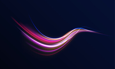  Curved bright speed line swirls. Neon color glowing lines background, high-speed light trails effect. Colored shiny sparks of spiral wave.