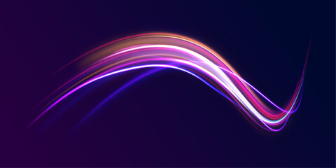 Elegant bright neon linear wave. Abstract light lines of movement and speed with blue color and sparkles.  The effect of speed on a blue background. Vector Illustration.	