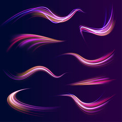 Fototapeta premium Neon glowing lines, spiral effect, fast car speed. Laser beams luminous abstract sparkling isolated on a transparent background. Vector Illustration.