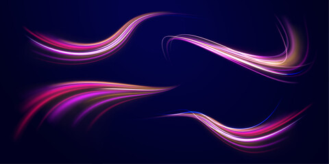 Elegant bright neon linear wave. Abstract light lines of movement and speed with blue color and sparkles.  The effect of speed on a blue background. Vector Illustration.	