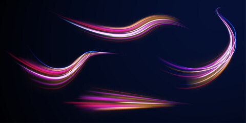  Curved bright speed line swirls. Neon color glowing lines background, high-speed light trails effect. Colored shiny sparks of spiral wave.