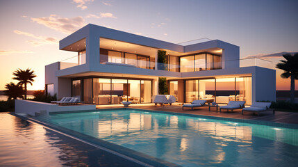 Fototapeta premium Exterior view of a modern cubic villa featuring a swimming pool, captured at sunset.Generative AI