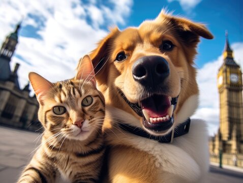 A cute dog and cat both smiles while taking a selfie together in front of Big Ben Tower
