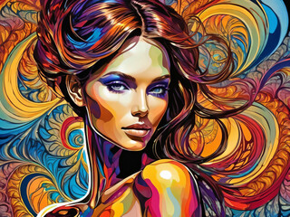 Illustrated Abstract Swirls Brightly Colored Hair and Skin Woman Portrait